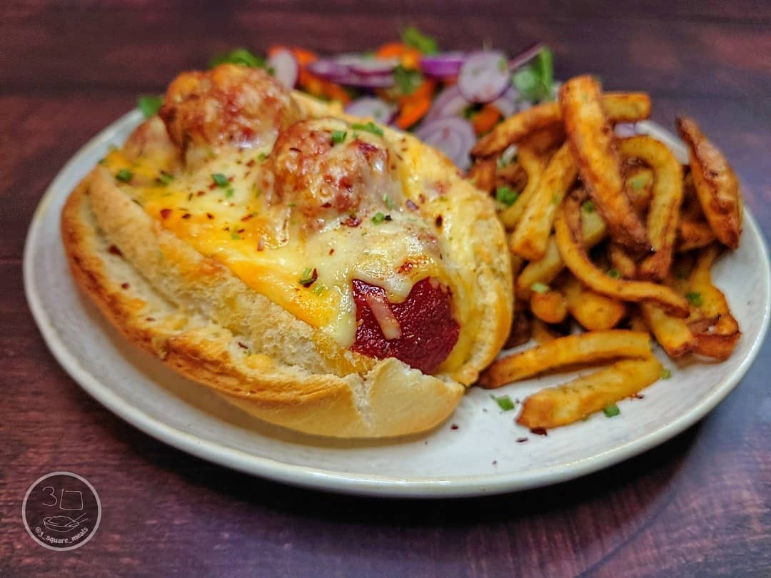 Vegetarian Meatball Marinara Sandwich with Fries