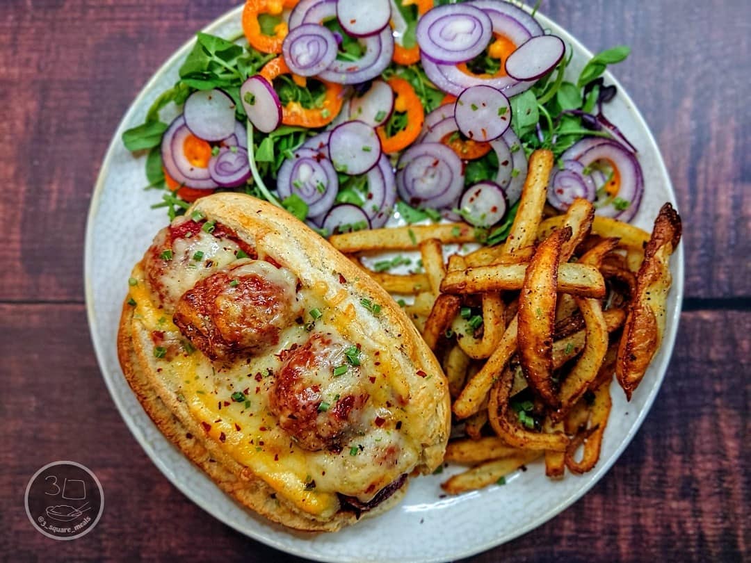 Vegetarian Meatball Marinara Sandwich with Fries