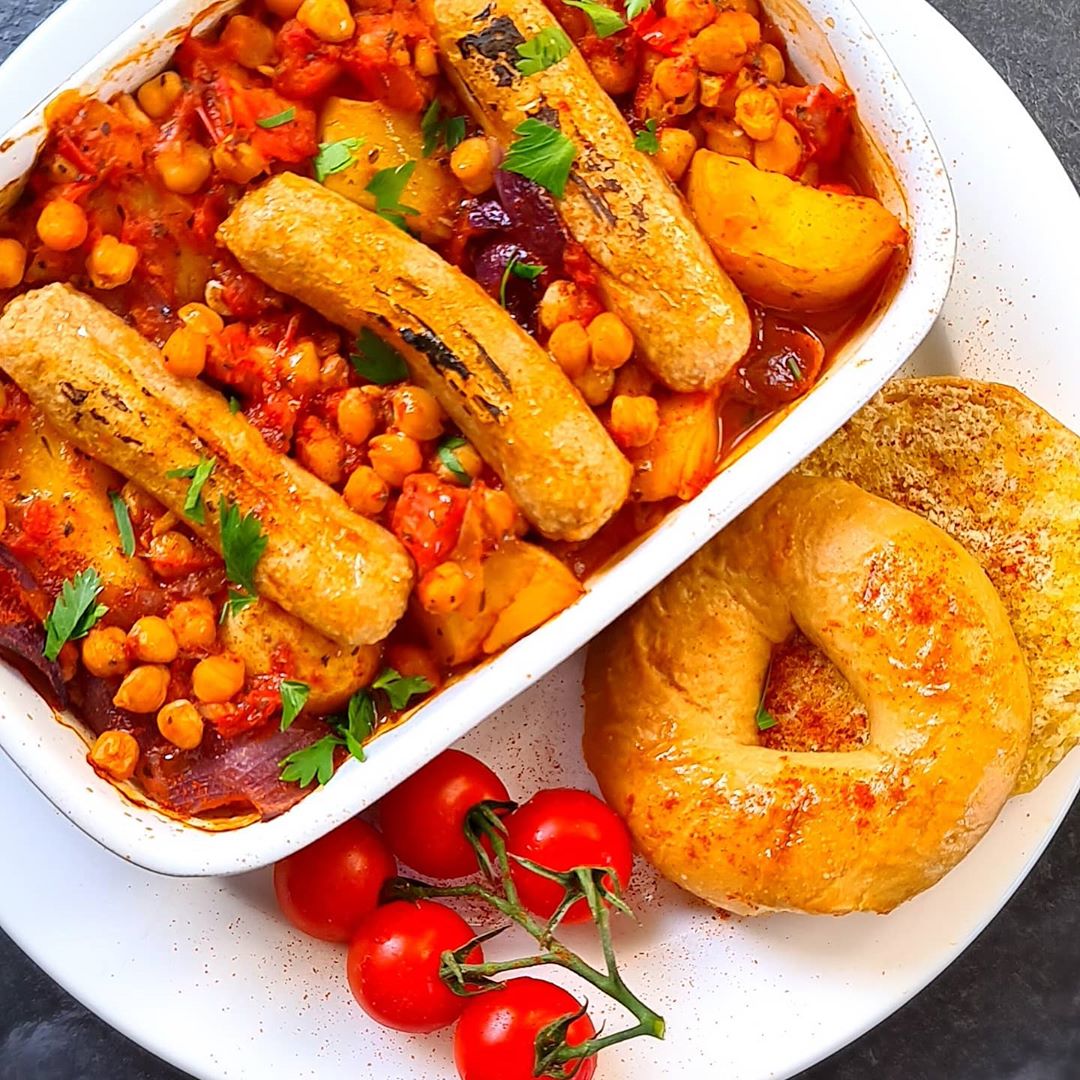 Sausage & Chickpea Casserole with a Sourdough Garlic Bagel