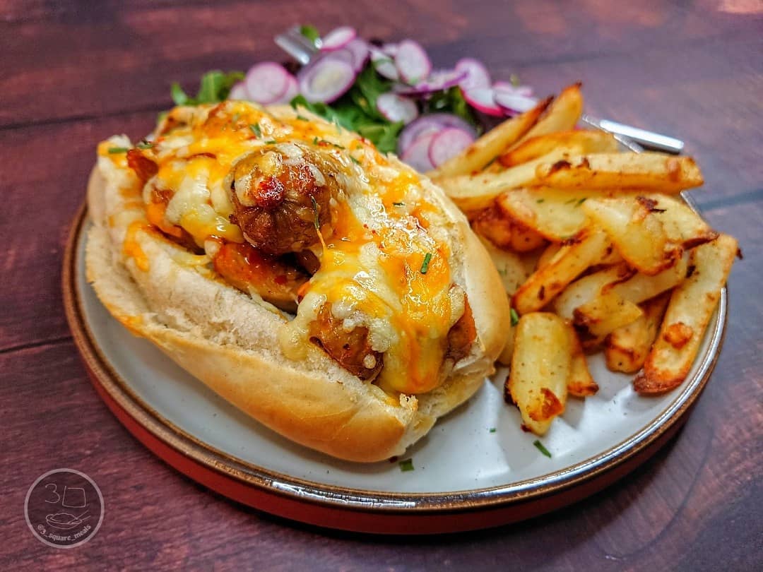 Sweet Chilli Sausage Baguette with Chips