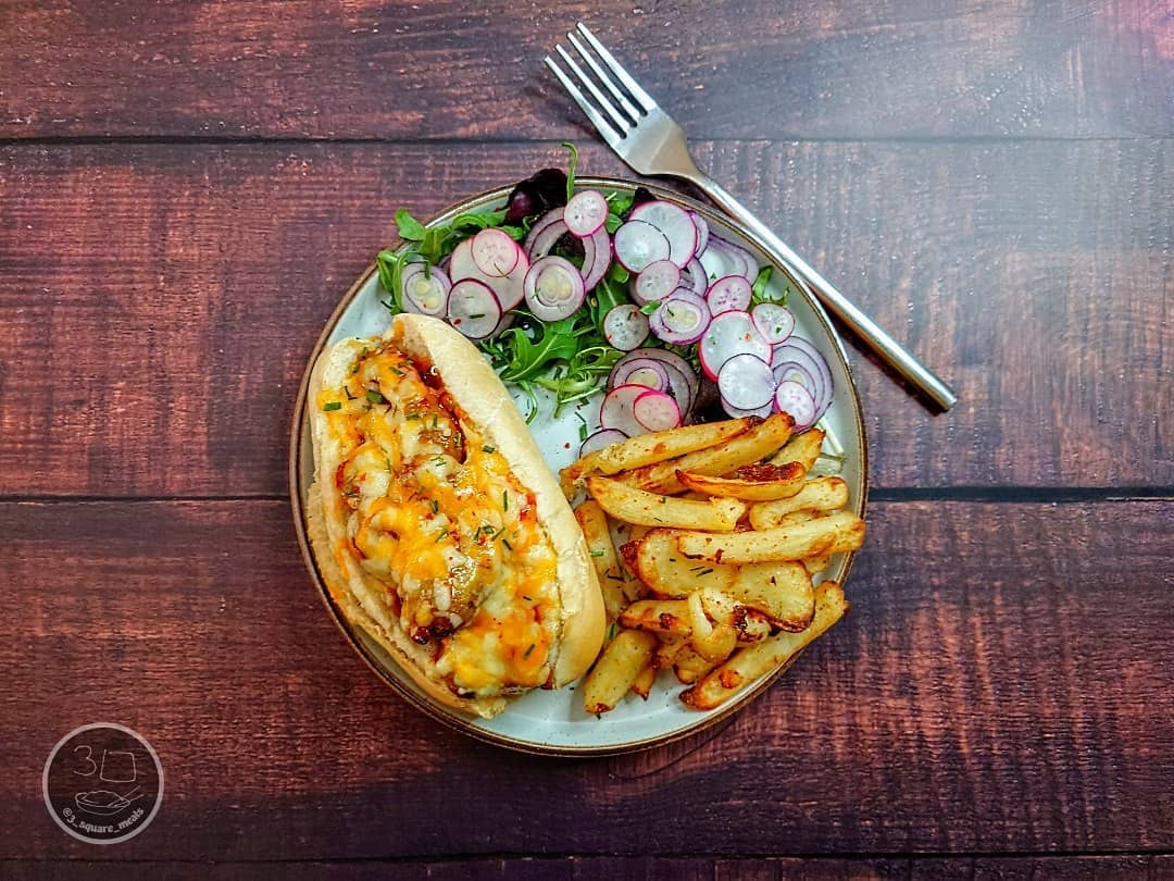 Sweet Chilli Sausage Baguette with Chips
