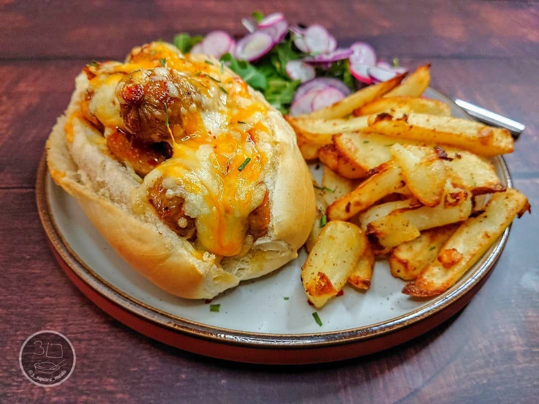 Sweet Chilli Sausage Baguette with Chips