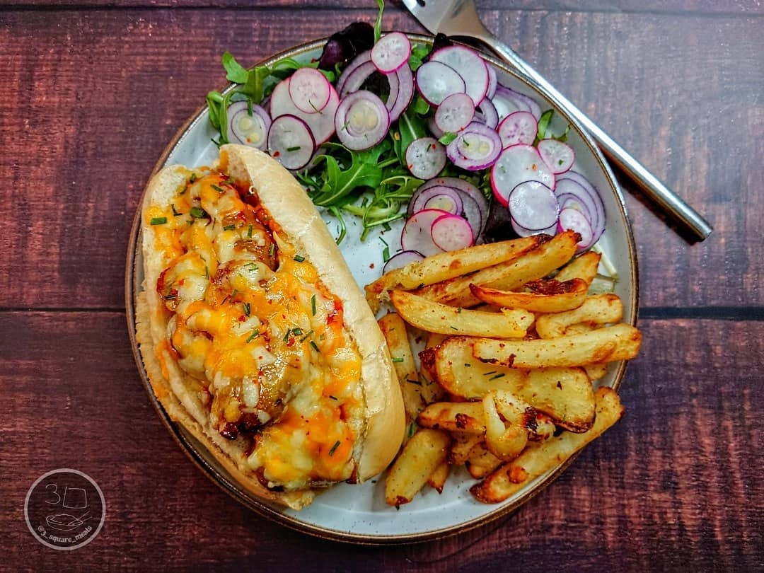 Sweet Chilli Sausage Baguette with Chips