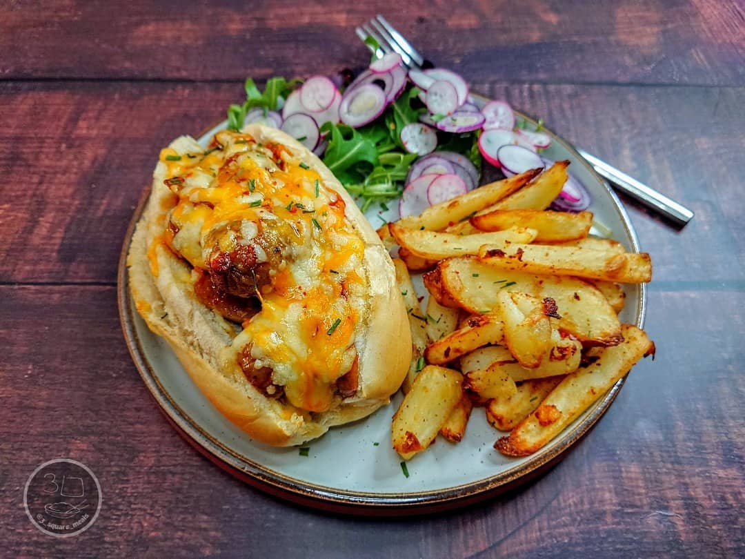 Sweet Chilli Sausage Baguette with Chips