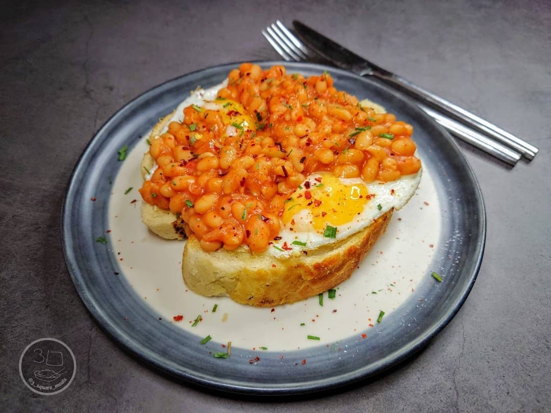 Eggs and Beans on Toasted Tiger Bread