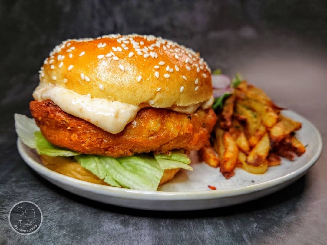 Crispy Veggie Chick'n Burger with Chipotle Mayo and Fries