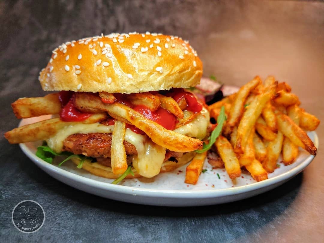Vegetarian Double Cheeseburger with Fries