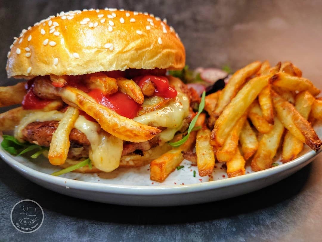 Vegetarian Double Cheeseburger with Fries