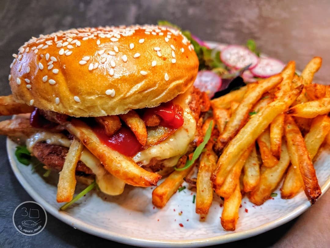 Vegetarian Double Cheeseburger with Fries