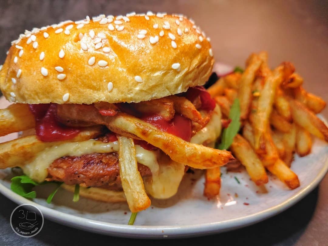 Vegetarian Double Cheeseburger with Fries