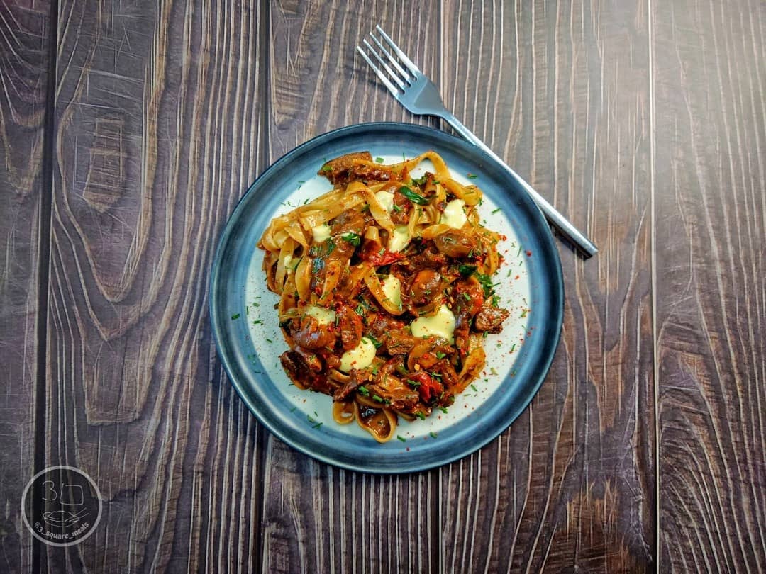 Beefless Tagliatelle with Vegetables and Sauce