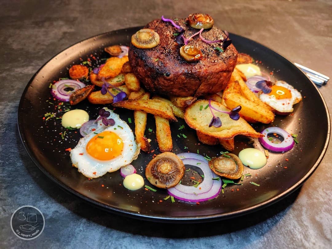 Veggie Steak and Chips with Eggs and Sauce