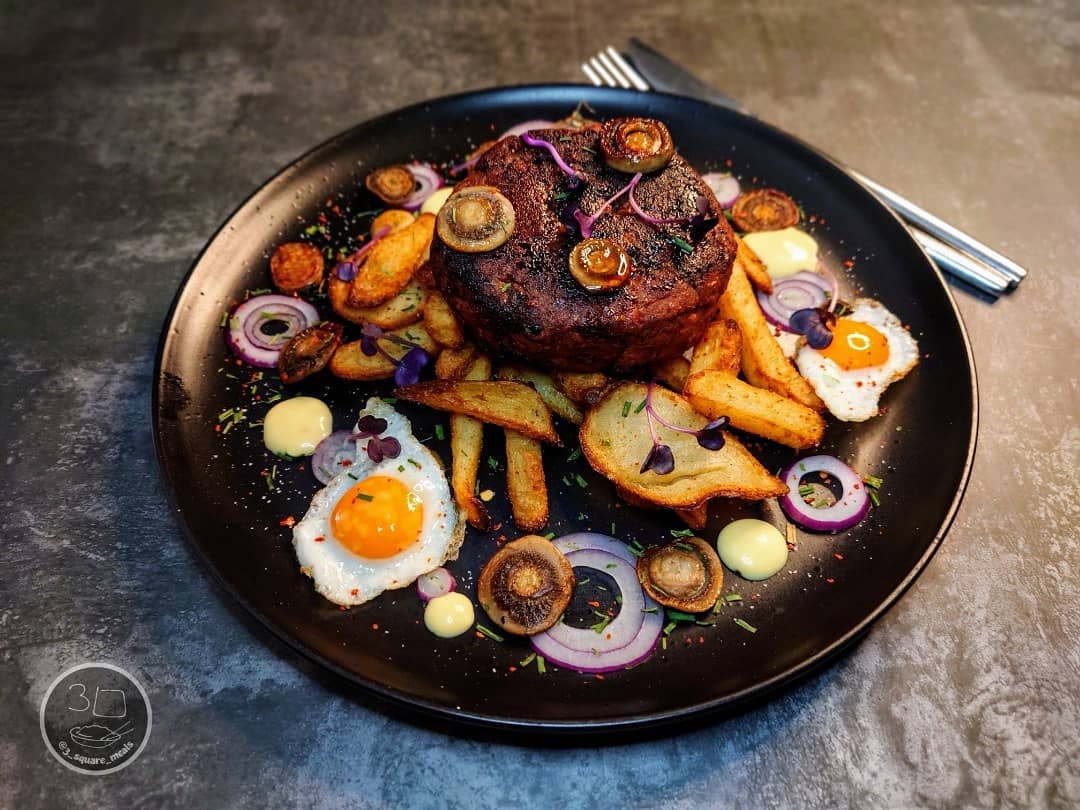 Veggie Steak and Chips with Eggs and Sauce