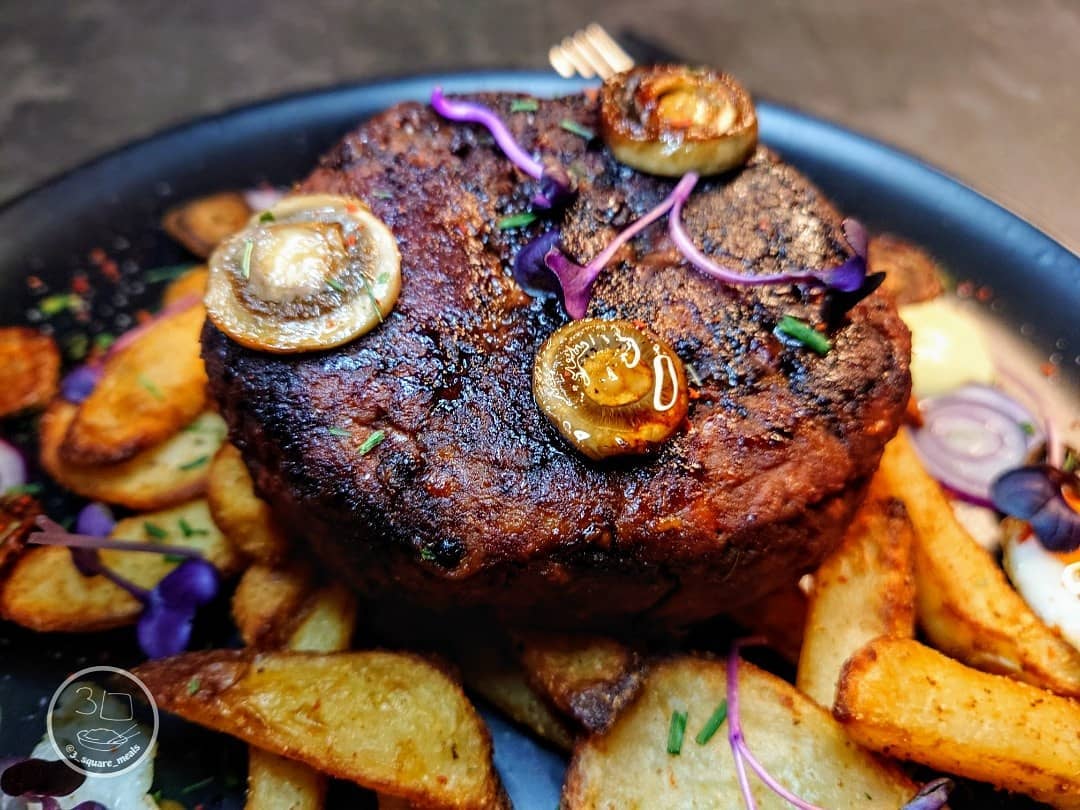 Veggie Steak and Chips with Eggs and Sauce