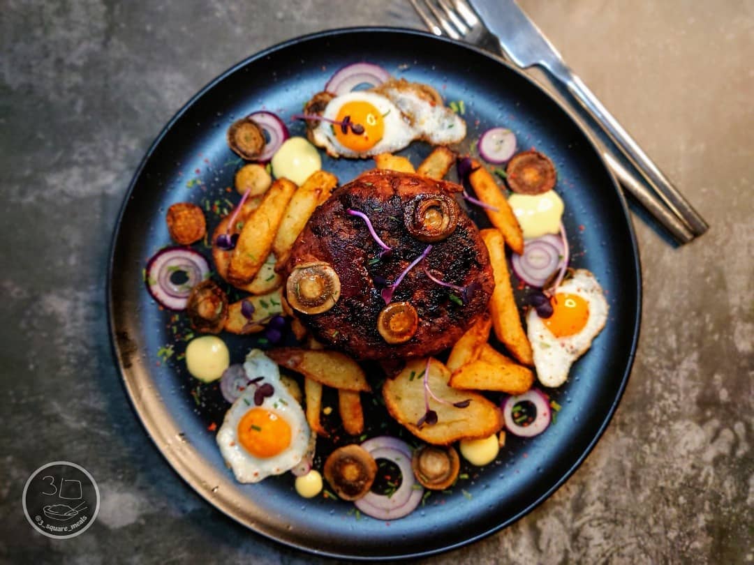Veggie Steak and Chips with Eggs and Sauce