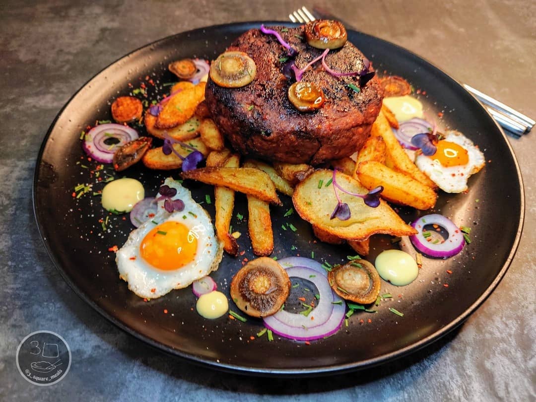 Veggie Steak and Chips with Eggs and Sauce