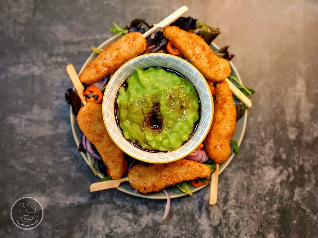 Vegetarian Fishless Goujons with Peas and Salad