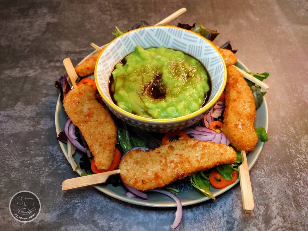 Vegetarian Fishless Goujons with Peas and Salad