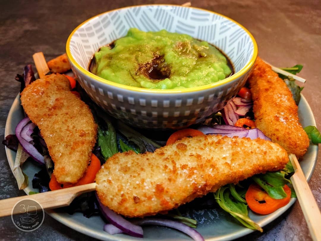 Vegetarian Fishless Goujons with Peas and Salad
