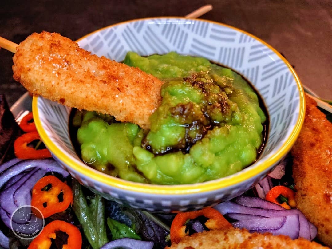 Vegetarian Fishless Goujons with Peas and Salad