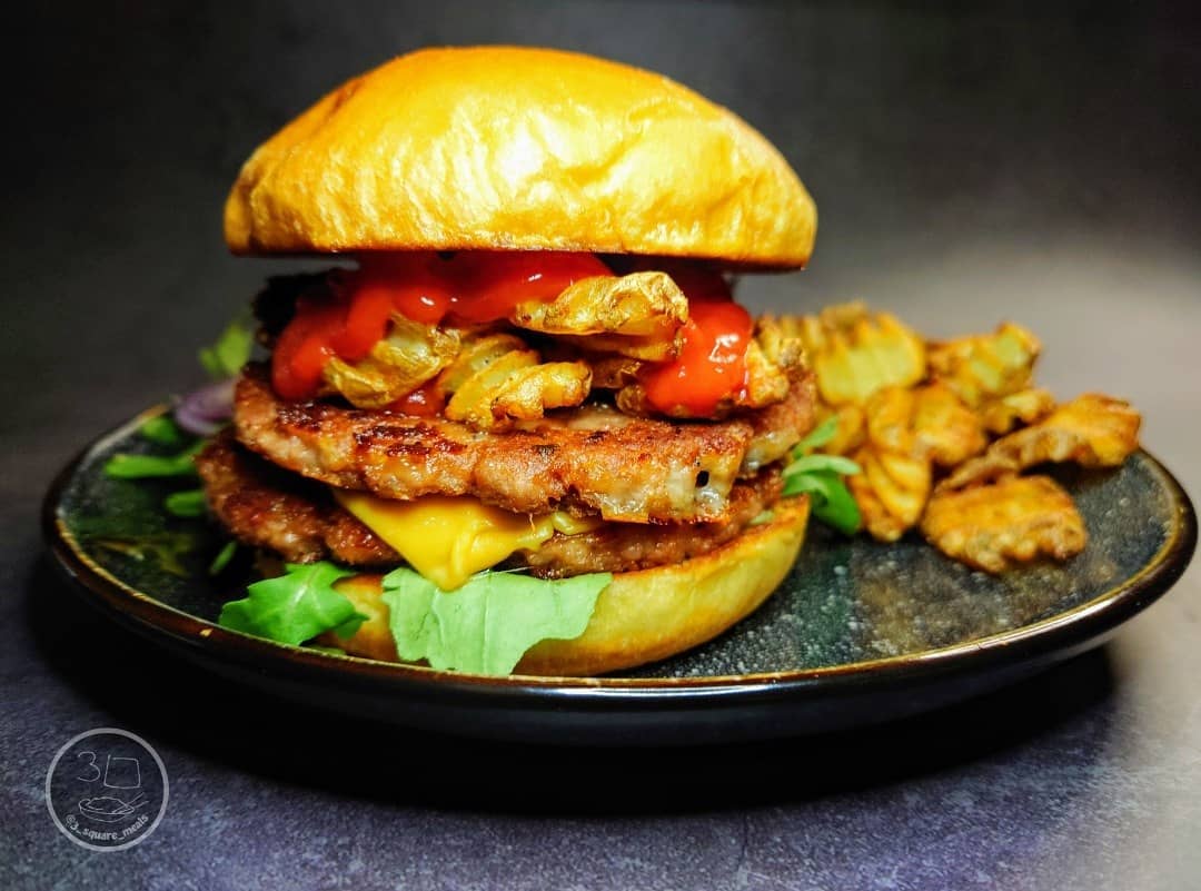 Double Mozzarella Burger with Waffle Fries
