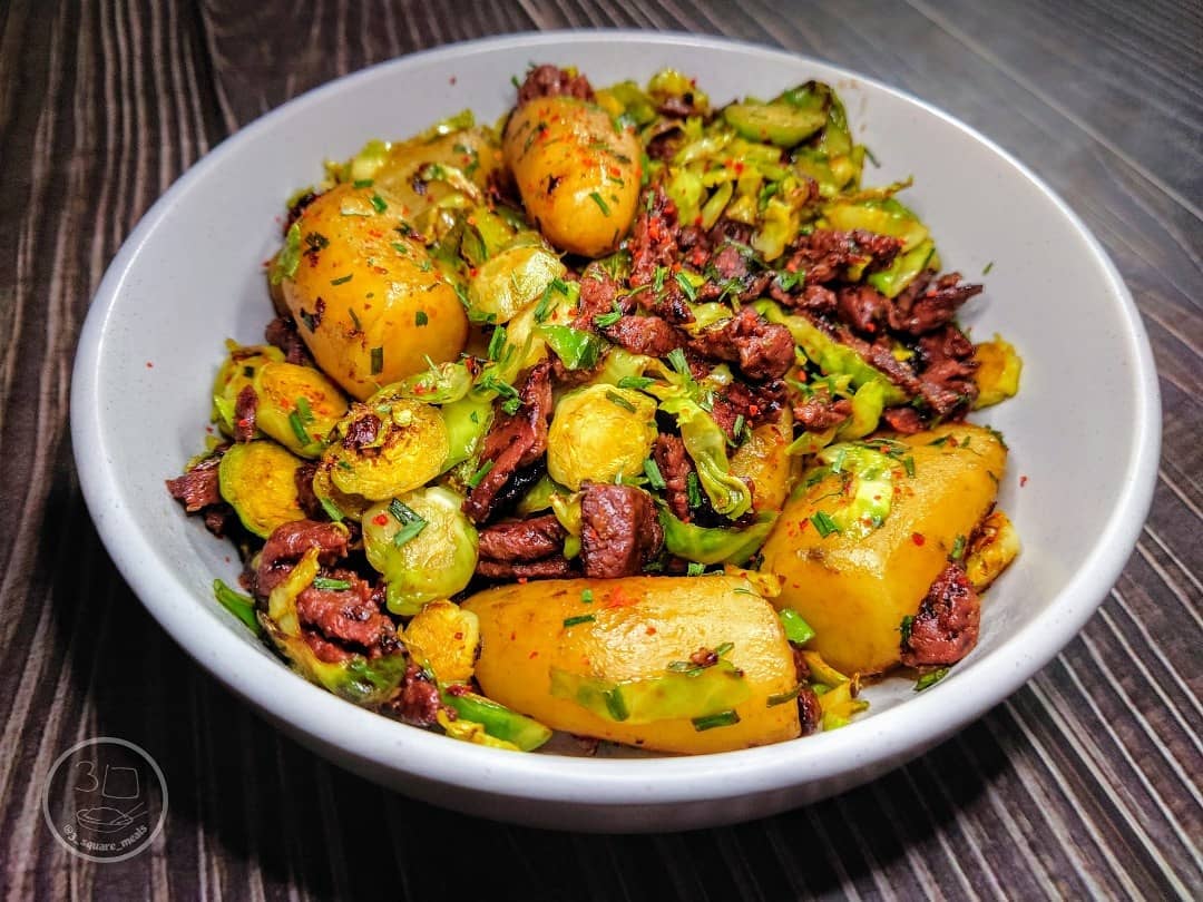 Simple Vegetarian Hash with Potatoes and Brussels Sprouts