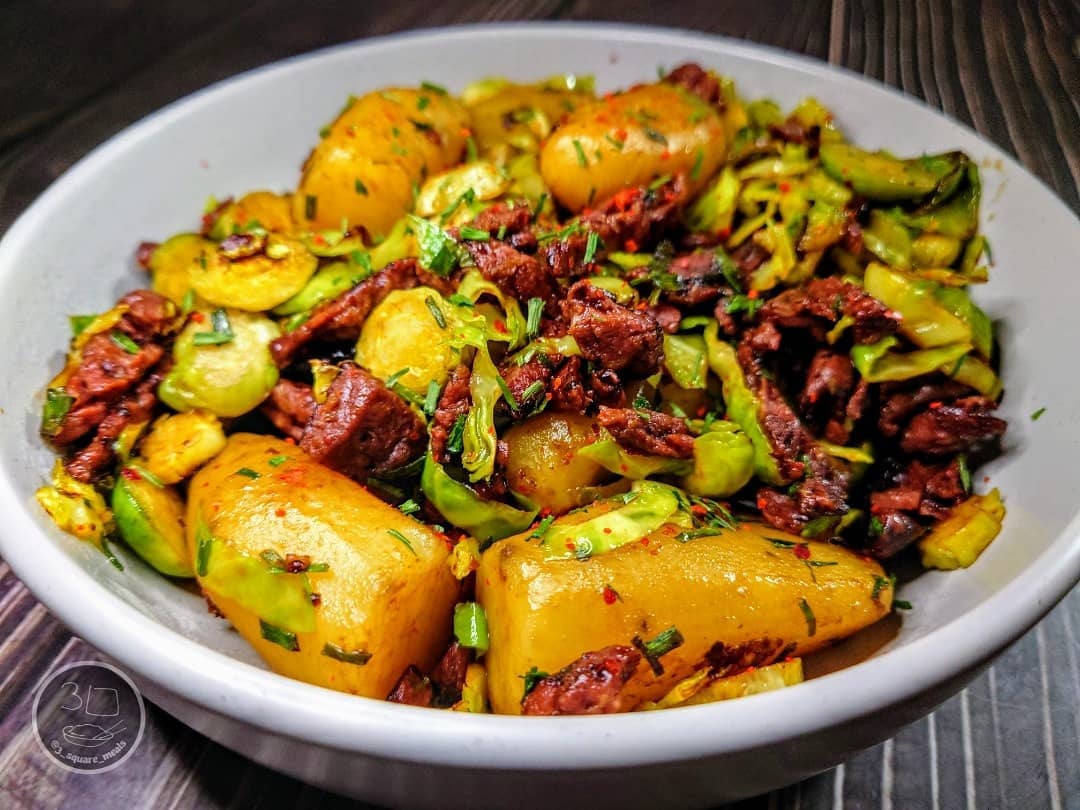 Simple Vegetarian Hash with Potatoes and Brussels Sprouts