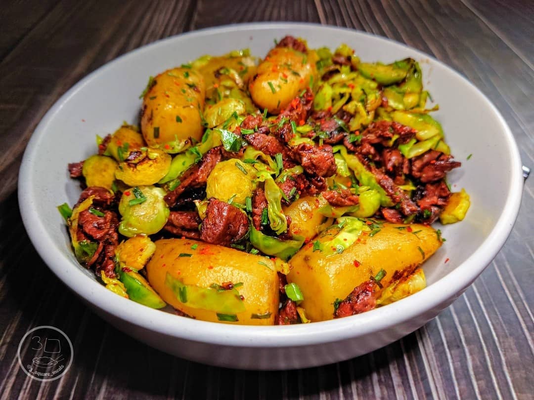 Simple Vegetarian Hash with Potatoes and Brussels Sprouts