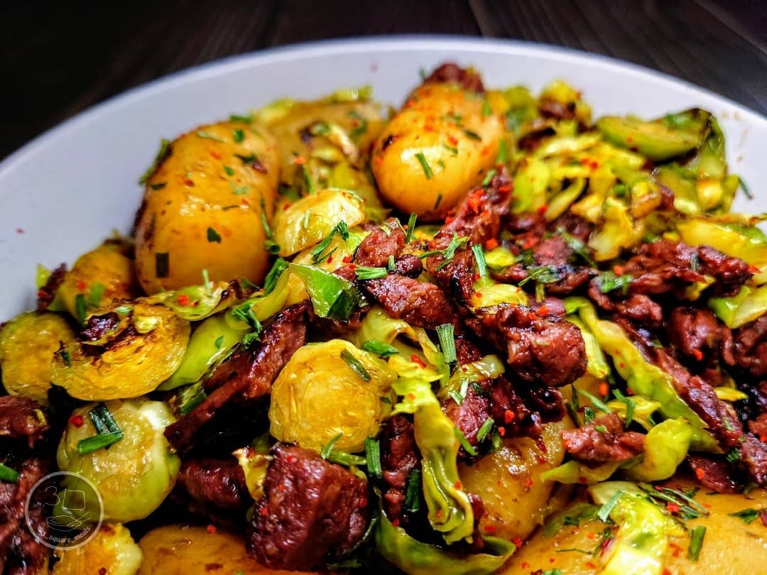 Simple Vegetarian Hash with Potatoes and Brussels Sprouts