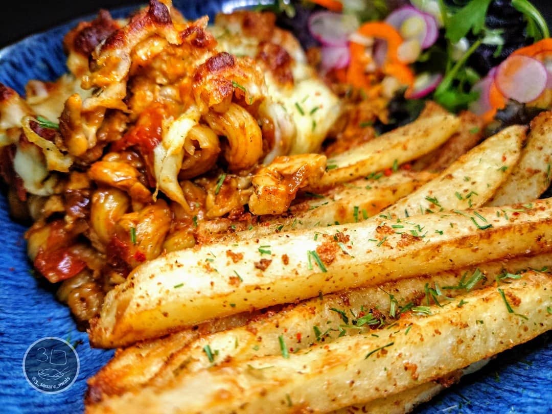 Tikka Pasta Bake with Actifry Chips and Salad
