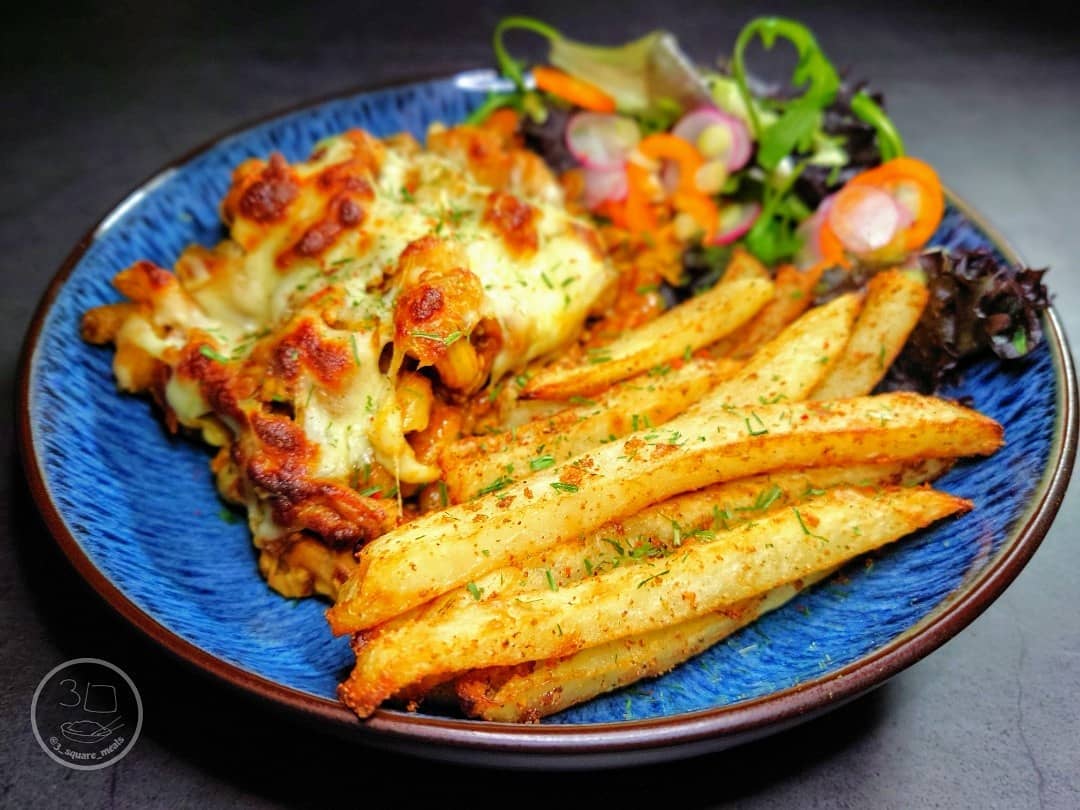 Tikka Pasta Bake with Actifry Chips and Salad
