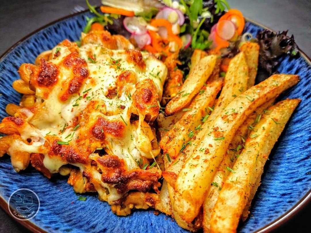 Tikka Pasta Bake with Actifry Chips and Salad