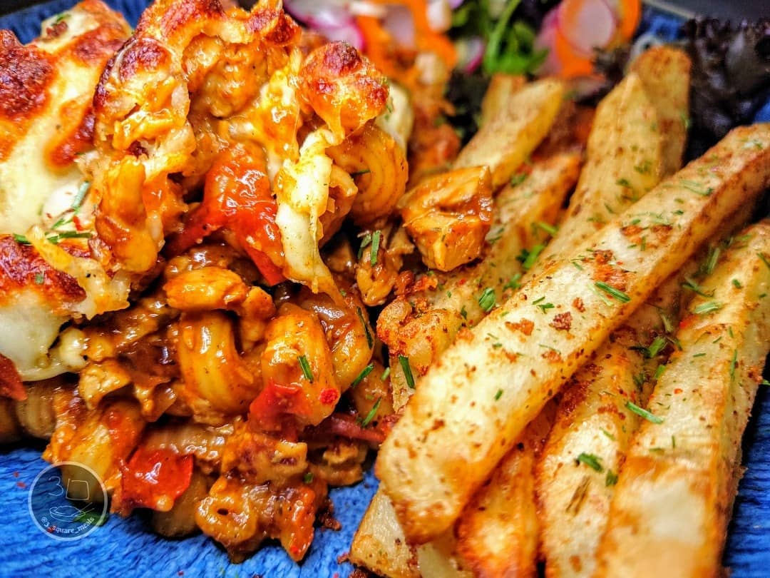 Tikka Pasta Bake with Actifry Chips and Salad