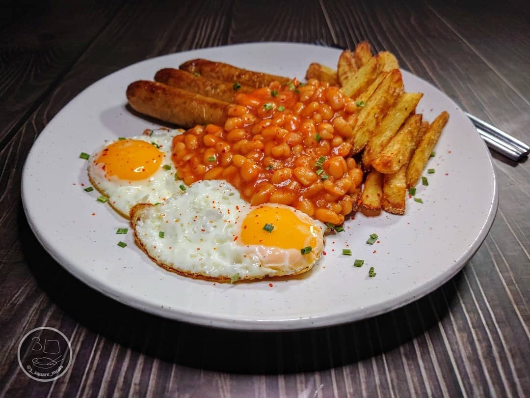 Vegetarian Sausage, Egg, Chips, and Beans