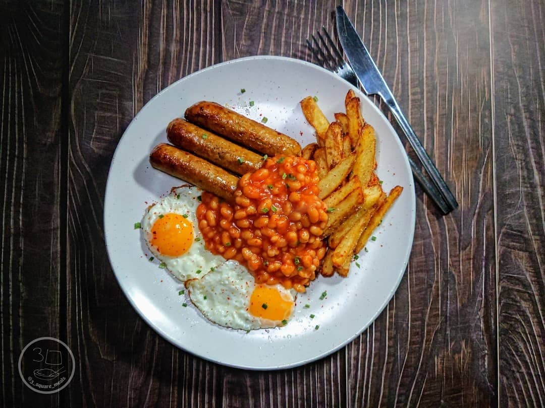 Vegetarian Sausage, Egg, Chips, and Beans