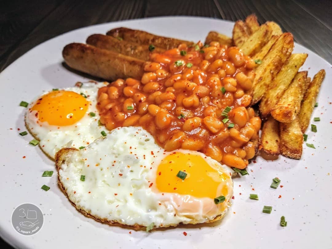 Vegetarian Sausage, Egg, Chips, and Beans