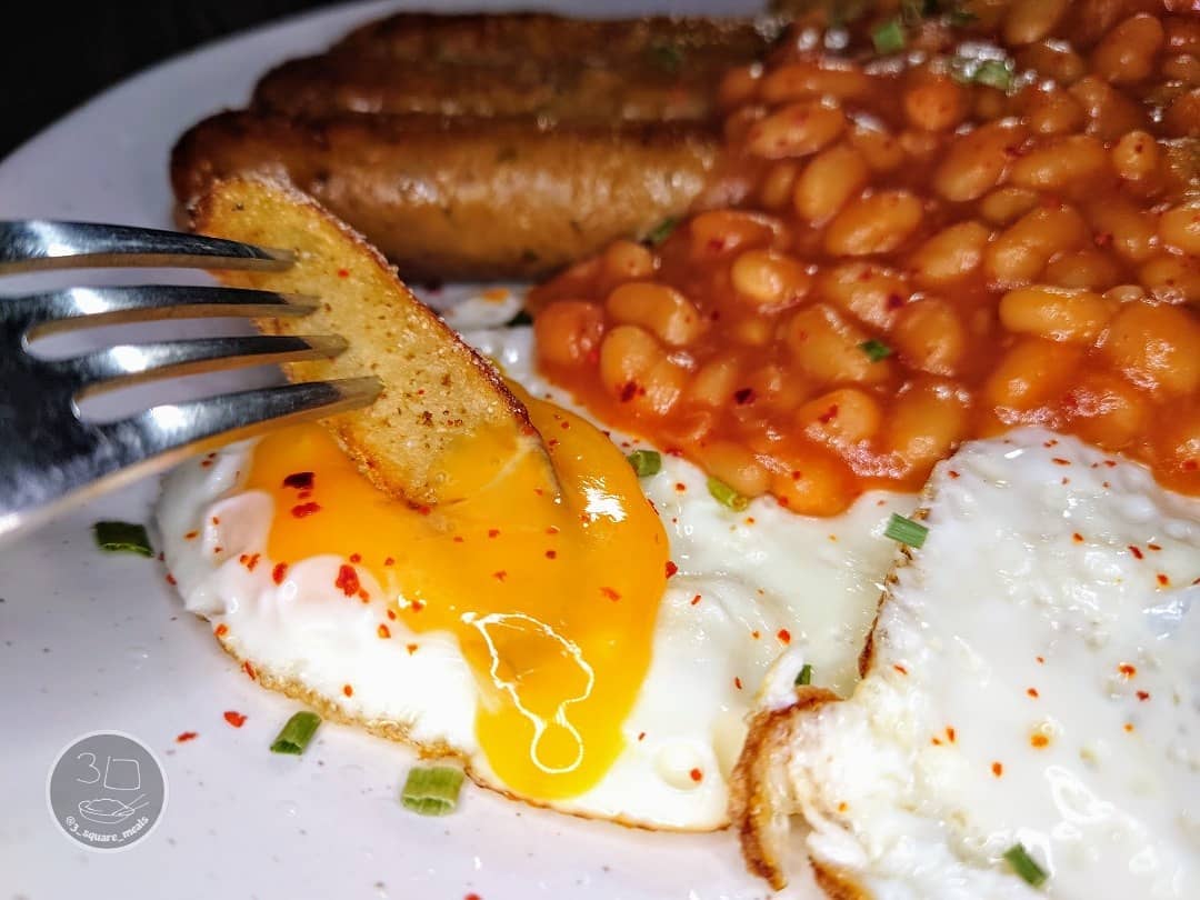 Vegetarian Sausage, Egg, Chips, and Beans