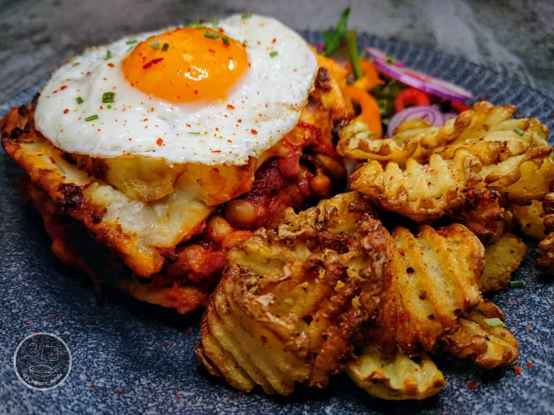 All Day Breakfast Lasagne with Waffle Fries