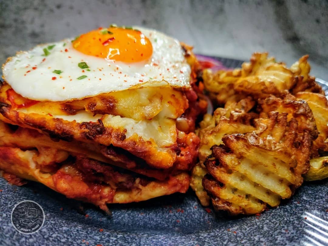 All Day Breakfast Lasagne with Waffle Fries