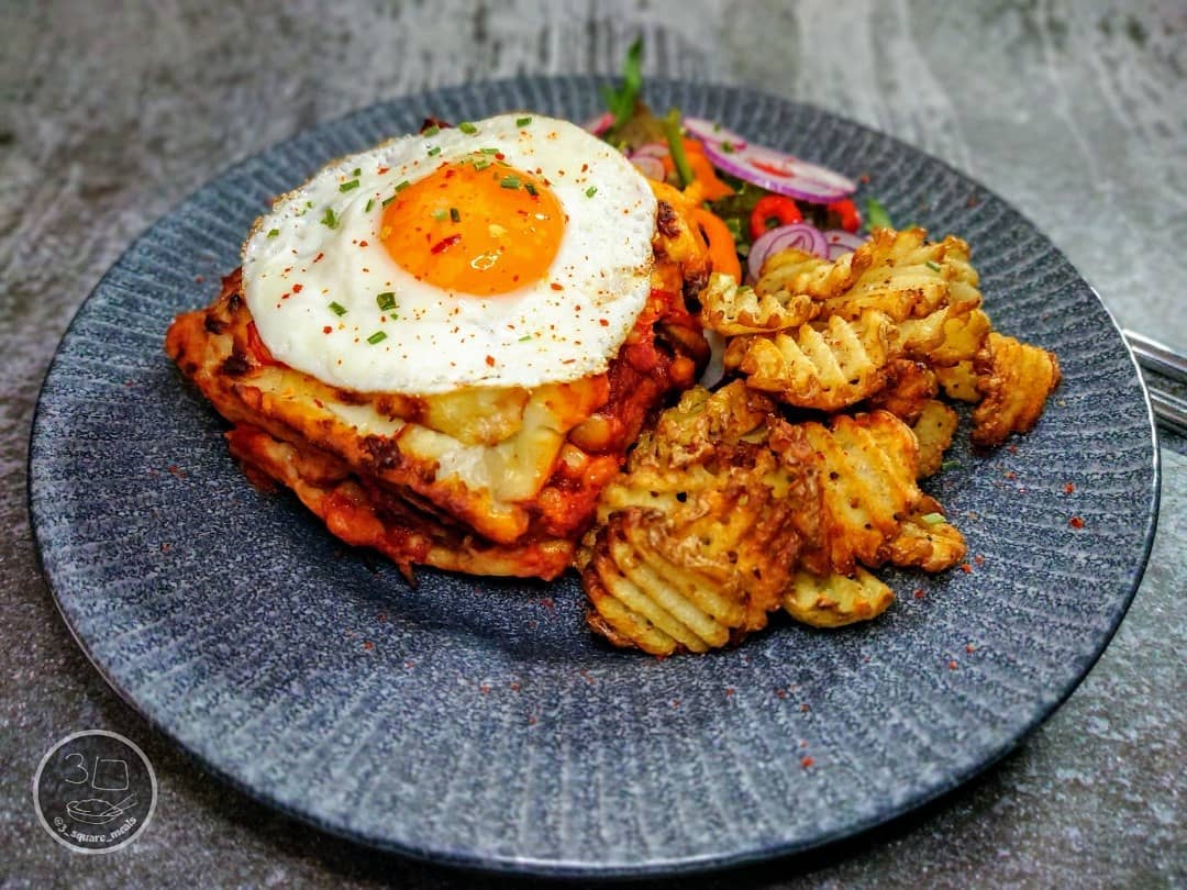 All Day Breakfast Lasagne with Waffle Fries