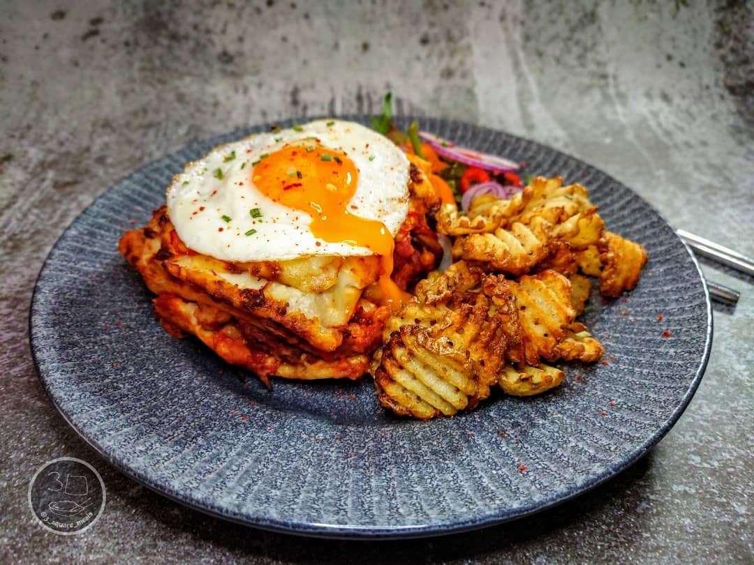 All Day Breakfast Lasagne with Waffle Fries