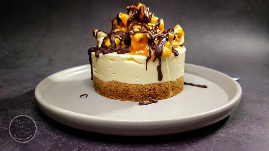 No-Bake Loaded Caramel Popcorn Cheesecake