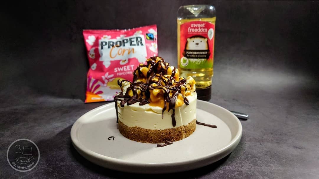 No-Bake Loaded Caramel Popcorn Cheesecake