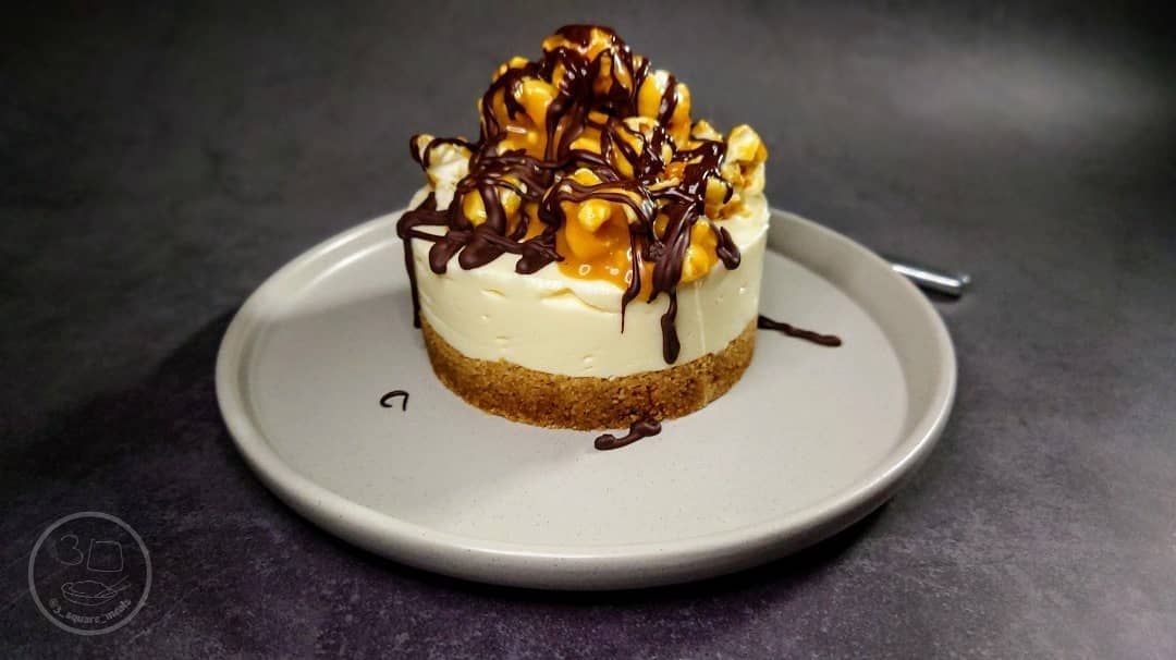 No-Bake Loaded Caramel Popcorn Cheesecake