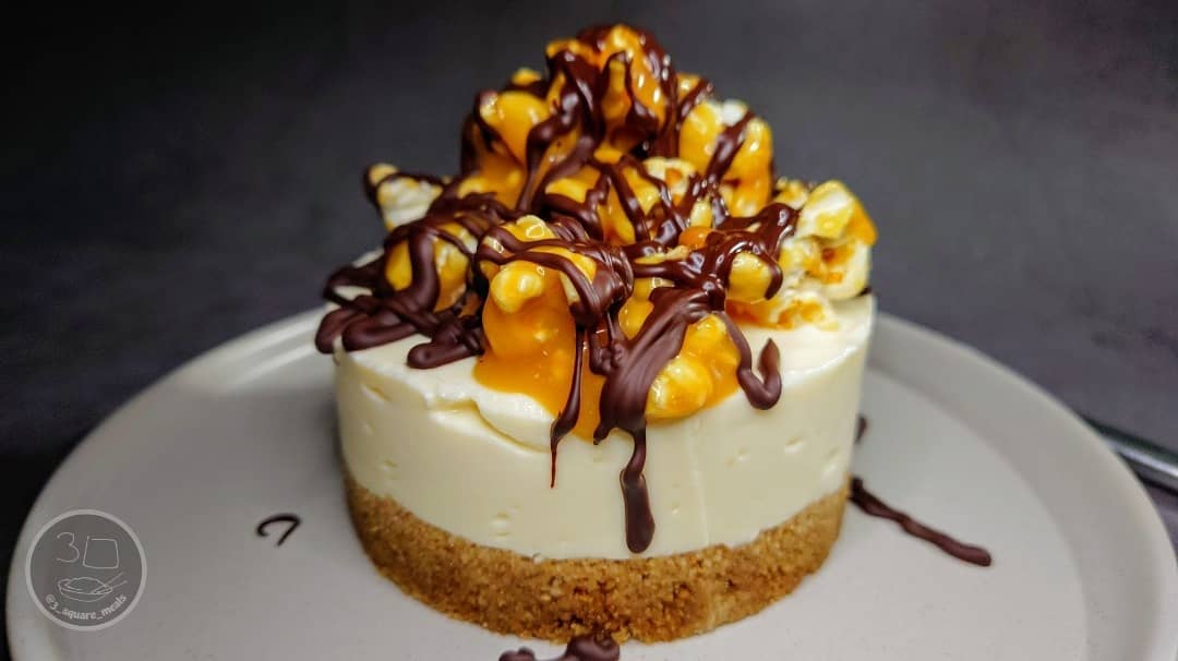 No-Bake Loaded Caramel Popcorn Cheesecake