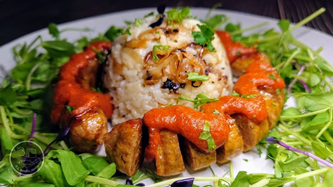 Curry Wurst with Caramelised Onion Rice