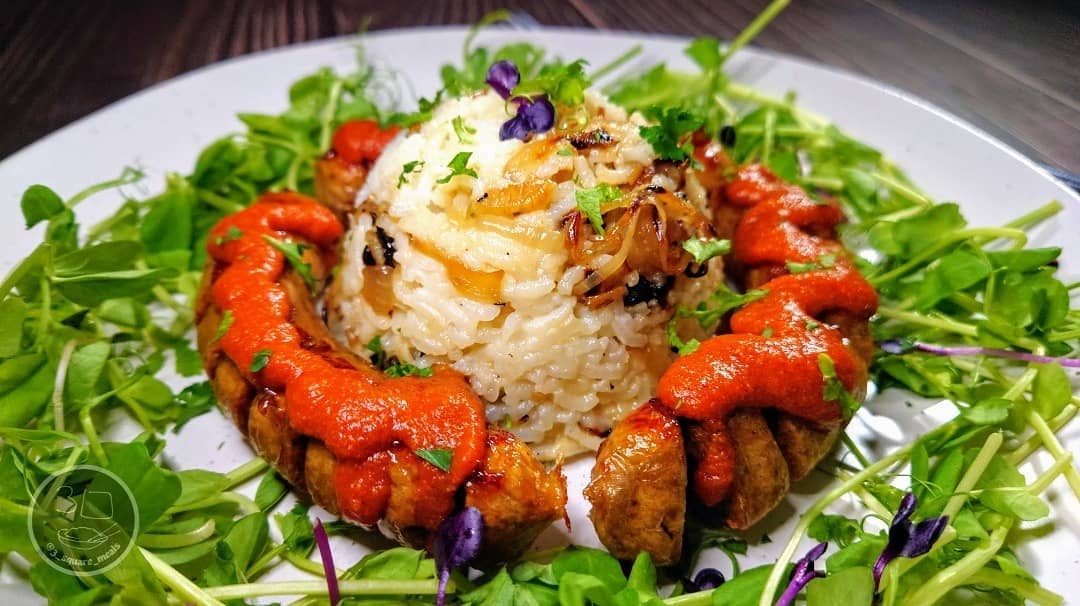 Curry Wurst with Caramelised Onion Rice