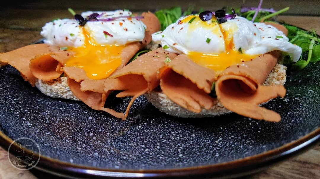 Poached Eggs and Veggie Ham on Muffin