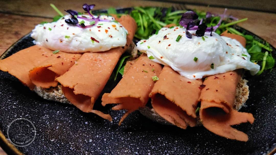 Poached Eggs and Veggie Ham on Muffin