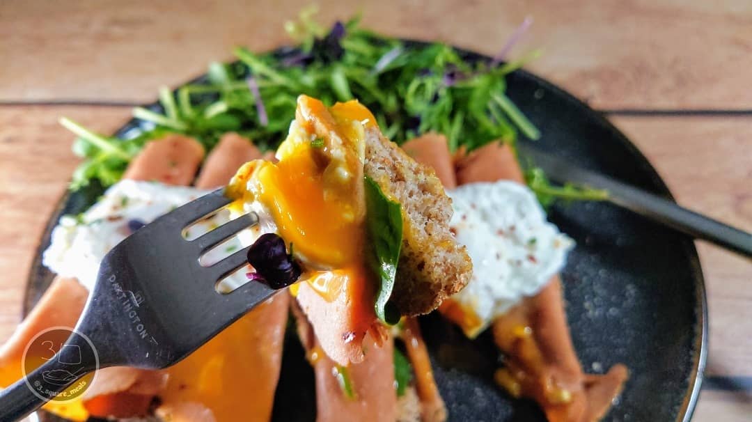 Poached Eggs and Veggie Ham on Muffin
